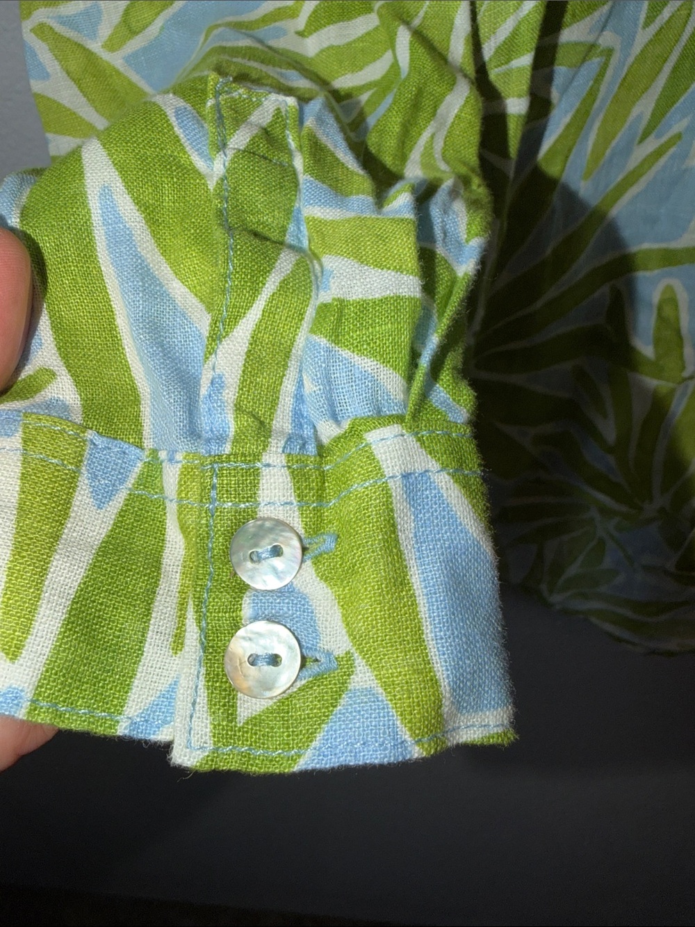 Blue and Green Palm-Print 100% Linen Button-Front Shirt - Picture 5 of 8